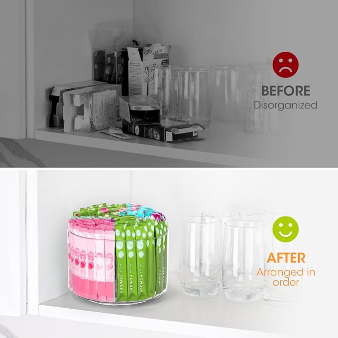 AIEVE Drink Packet Organizer, Lazy Susan 360° Turntable Organizer for Drink Mix Hydration Packets, Water Flavor Acrylic Container Tea Bag Holder for Kitchen Storage Organization