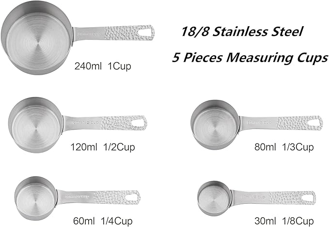 18/8 Stainless Steel Measuring Cups and Spoons set 14 for Baking & Kitchen, 5 Metric & US Measuring Cups and 6 Measuring Spoons,1 Leveler and 2 Rings for Dry & Liquid