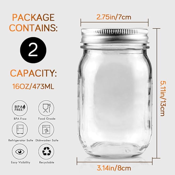 Showvigor 2-Pack 16oz Mason Jars with Labels - Regular Mouth Glass Jars with Airtight Lids & 2 Write-On Labels - for Canning, Overnight Oats, Meal Prep, Jam, Salad Dressing