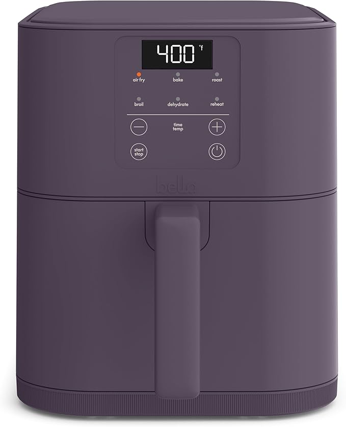 bella 6 Qt Slim Air Fryer, Fits-anywhere™ Kitchenware, EverGood™ Ceramic Nonstick Coating, Adjustable Temperature, 6 Preset Cooking Options, 60 Min Auto Shutoff w Audible Tone, 5lb Capacity, Plum
