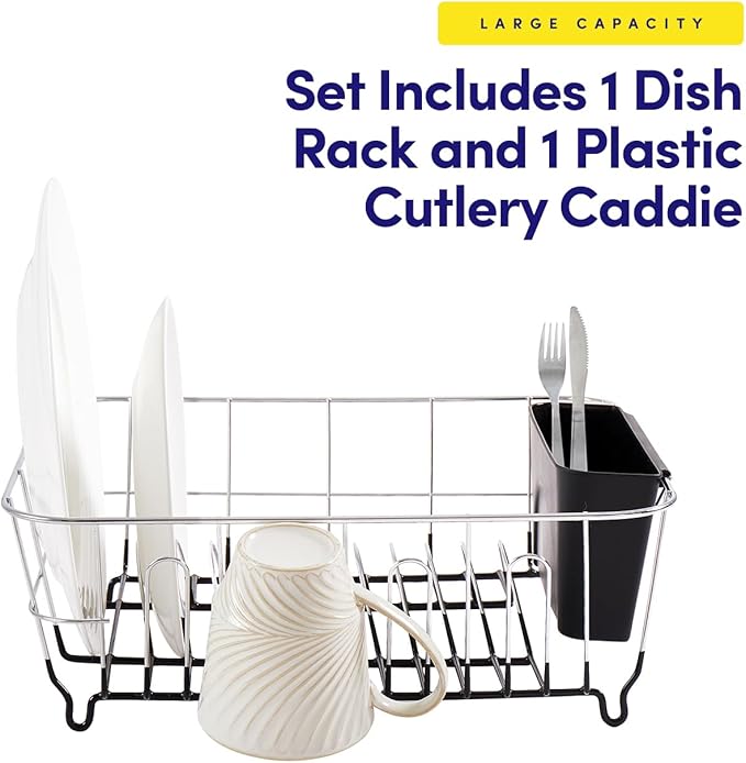 Sweet Home Collection 2 Piece Dish Drying Rack Set Drainer with Utensil Holder Simple Easy to Use Fits in Most Sinks, 14.5" x 13" x 5.25", Black