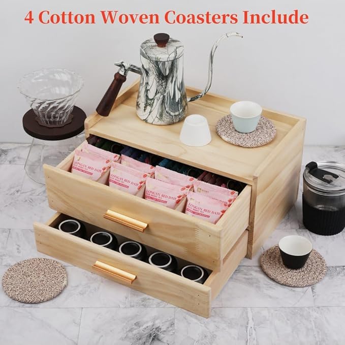 Tea Organizers and Storage Box with Drawer Tea Station organizer for Countertop with 8 Compartments Pine Wood Tea Bag Organizer with Drawer Teabag Holder with 4 Cotton Woven Coasters（Wood02）