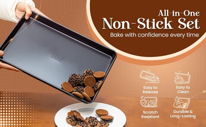 Nonstick Bakeware Set 8 Piece - Stackable Baking Pan Set, Oven safe 450°F, Carbon Steel Baking Set with Muffin, Loaf, Cookie Sheets & Roaster, Easy Storage, BPA-Free (Dark Brown)