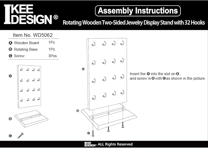 Ikee Design Wooden Rotating Two-Sided Jewelry Display Stand, Rotating Organizer with 32 Hooks for Store, Earring Keychain Display with Hooks, Brown color, 9 W x 7.5 D x 16.5 H in