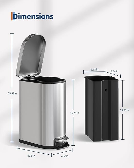 GarveeHome 2.6 Gallon Bathroom Trash Can, Space-Saving Slim Stainless Steel Step-On Garbage Bin with Soft Close Lid, Removable Inner Bucket for Bathroom & Bedroom, Silver