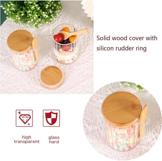 4 Pack Glass Containers with Lids and Spoons, Overnight Oat Container with Lids Glass, Oatmeal Jar with Spoons, Meal Prep Jars for Yogurt, Chia Pudding (Ribbed Round 4PCS)