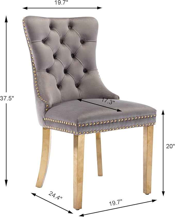 Grey Velvet Dining Chairs Set of 6, Upholstered Dining Room Chairs with Back Ring Pull Trim and Golden Stainless Steel Legs,Modern Kitchen Chairs for Dining Room,Living Room,Kitchen(Grey)