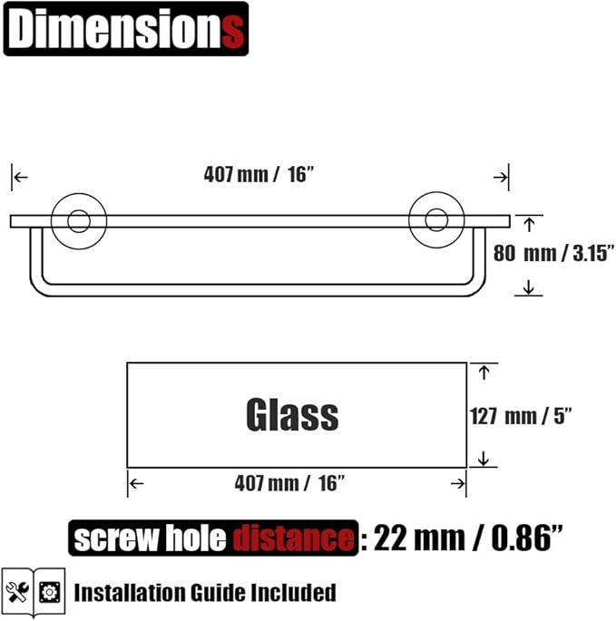 JQK Bathroom Glass Shelf Polished Chome, Shelf with 15 Inch Towel Bar Tempered Glass Shower Storage 16 by 5 inches, 304 Stainless Steel Silver Finish Wall Mount, TGS100-CH