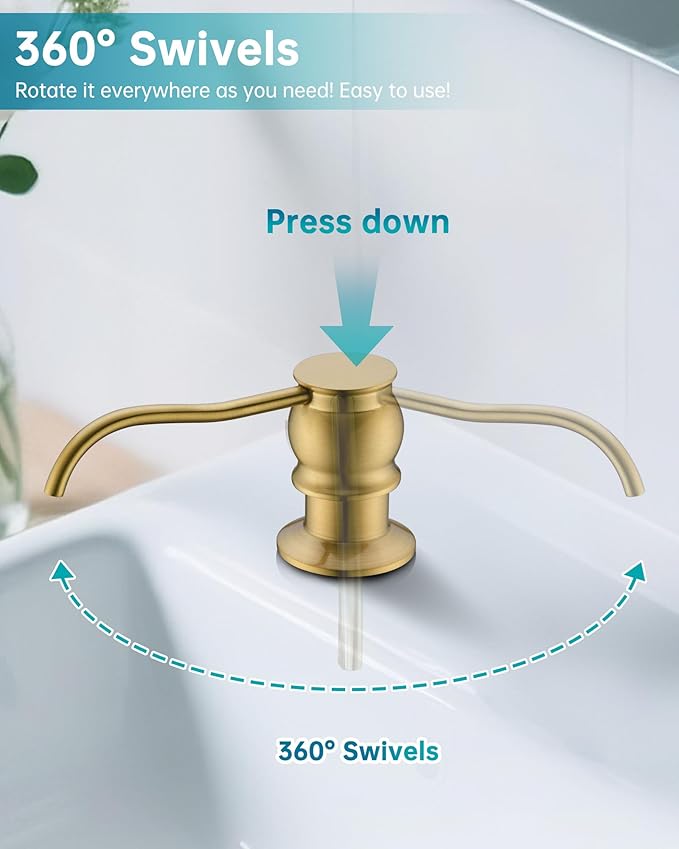 Built in Deck Mount Liquid Lotion Kitchen Countertop Metal Soap Dispenser, Brushed Gold Brass Dispenser Pump with 47.2" Silicone Long Tube for 0.79 "- 1.38" High Capacity Bottle Mouths