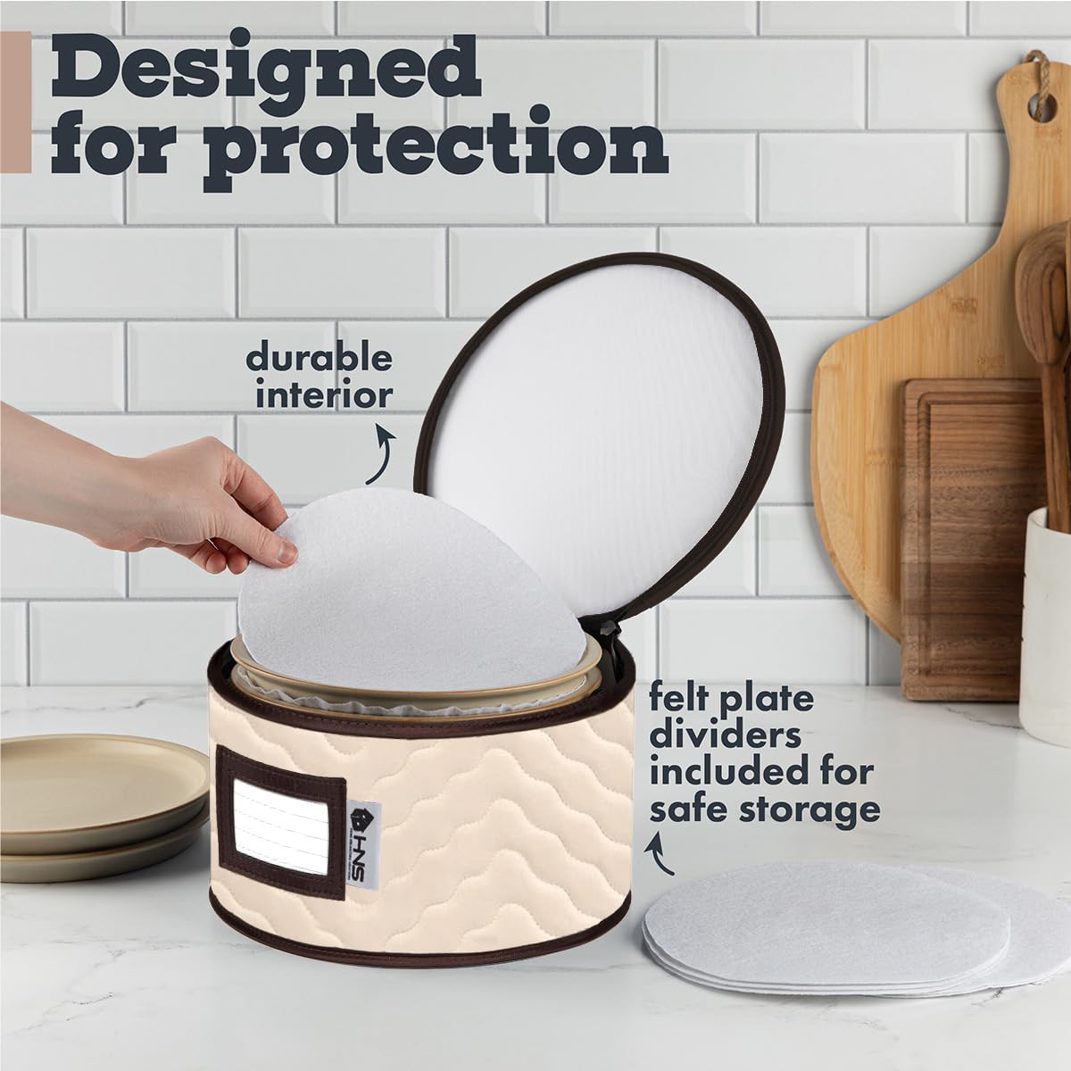 Salad Plates Storage - Quilted Microfiber China Organizer Box with Dividers , Protects & Organizes Up to 12 Plates of 8" - Ideal for Seasonal Dishware Protection