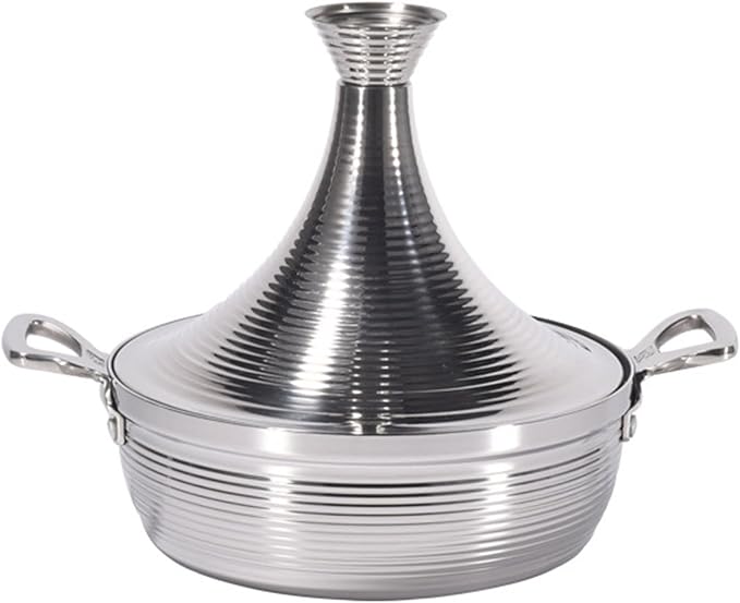 Moroccan Tagine Cooking Pot,Stainless Steel Non Stick Moroccan Casserole with 2 Handles,Large Moroccan Cooker Handmade Tagine Pot with Cone-Shaped Lid(25cm, Silver)