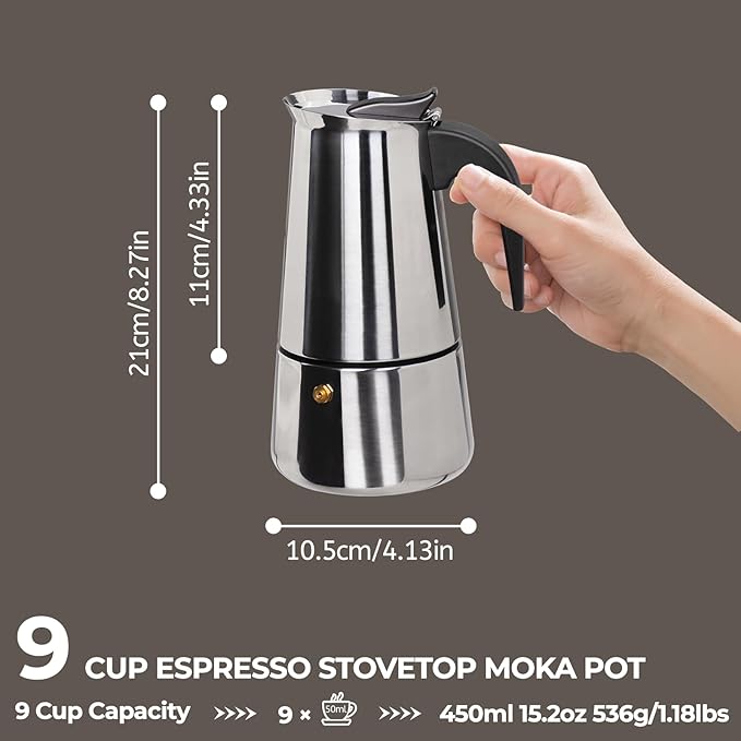 9 Cup 450ml Moka Pot Stainless Steel Espresso Coffee Maker Stovetop Coffeemaker Italian Classic Style Brewing Greca Cafe Mocha Machine for Cafeteras Lover Camping Travel and Home Use 15oz