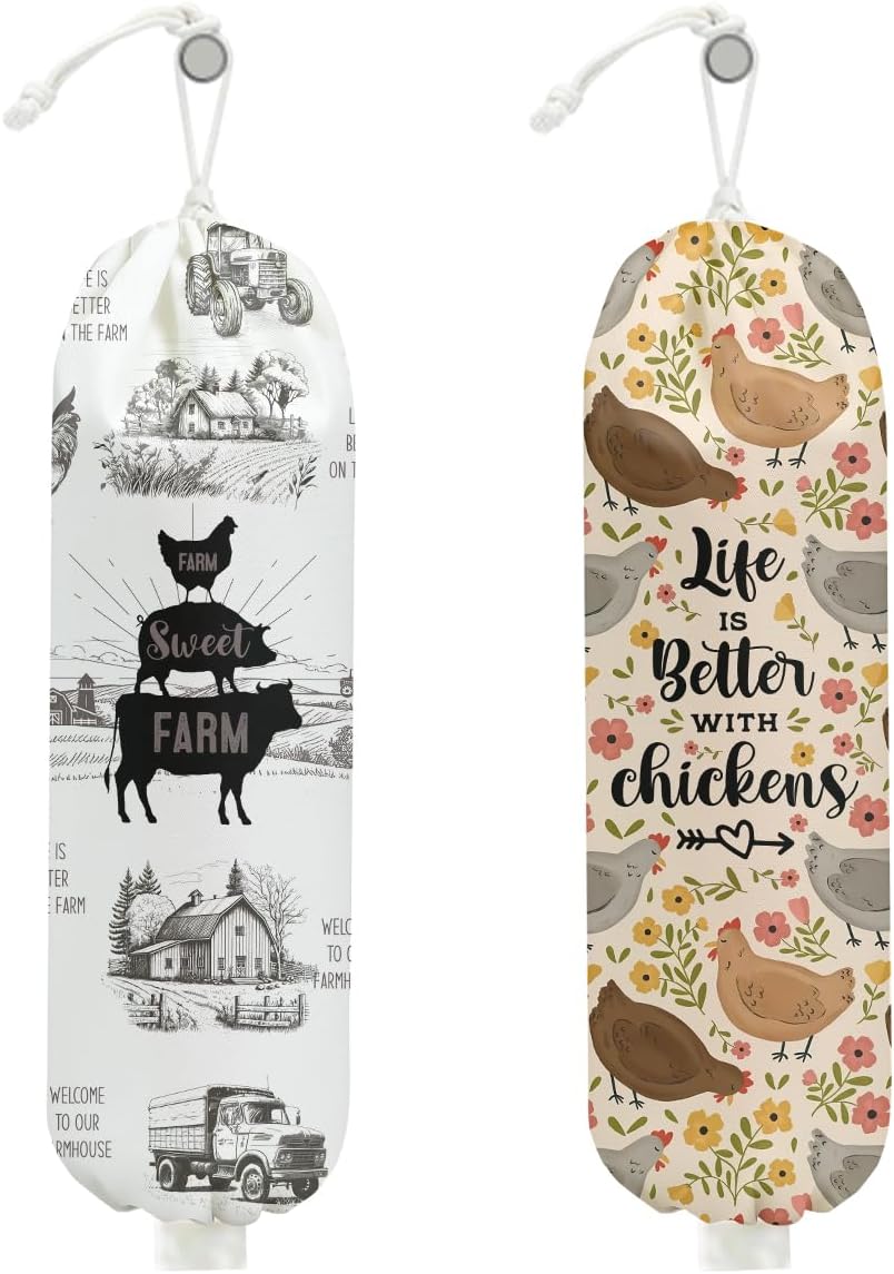 2Pcs Rustic Sweet Farm Plastic Bag Holder for Kitchen Essentials, Wall Mount Grocery Bag Holder for Plastic Bags, Chicken Floral Reusable Grocery Bags Storage Dispenser for Home Kitchen Farmhouse