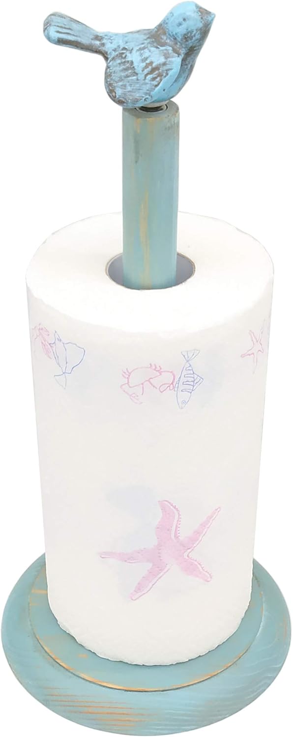 Bird Design Wood Paper Towel Holder Stand Up Paper Towel Holder, Easy One-Handed Tear Kitchen Paper Towel Dispenser with Weighted Base for Standard Paper Towel Rolls - Turquoise