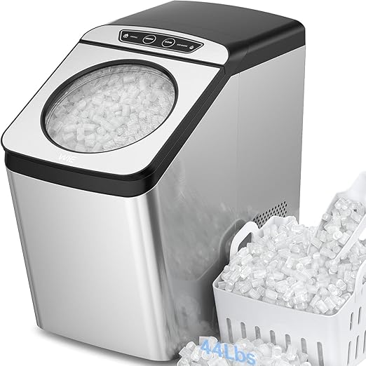 WIE Nugget Ice Maker Countertop, 44 lbs in 24 Hours, Pellet Ice Maker Machine with Self-Cleaning, 0.75 Gallon Tank & Scoop Included, Crushed Pebble Ice Makers for Home/Office/Bar/Party, Silver