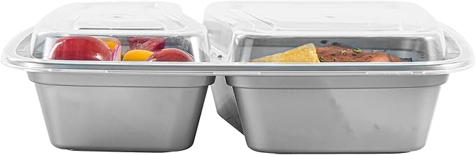 Restaurantware-Asporto 26 Ounce Compartment Take Out Boxes, 100 Microwavable Meal Prep Containers - 2 Compartments, With Clear Plastic Lids, Silver Plastic Food Containers, Do Not Contain BPA