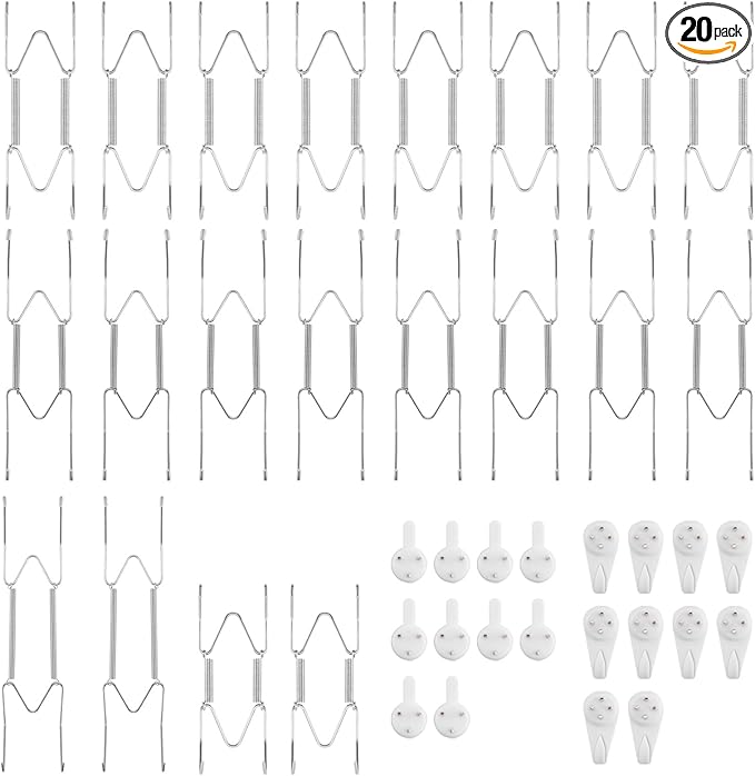 Bilillo 20 Pieces Stainless Steel Spring Plate Hangers for The Wall, 4/6/8/10 Inch Invisible Wire Holders with 20 Pcs Wall Hooks, Fit 4-11 Inch Decorative Plates, Platters & Dishes (Silver)