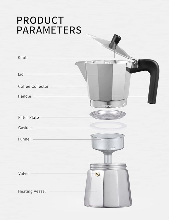 Yabano Stovetop Espresso Maker, 3 Cups Moka Coffee Pot Italian Espresso for Gas or Electric Ceramic Stovetop, Italian Coffee maker for Cappuccino or Latte