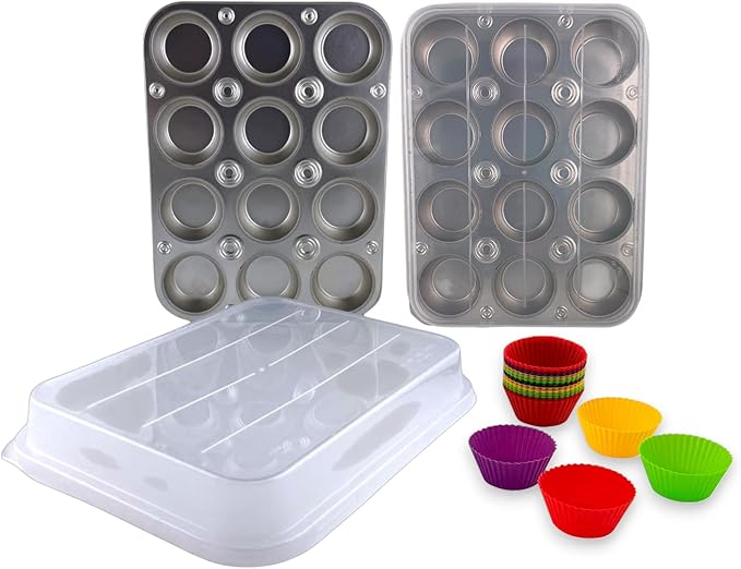 G&S Design Set of Two 12-Cup Muffin Pans with Locking Carrier Lids and 24 Silicone Liners