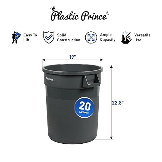 PLASTIC PRINCE 20 Gallon Round Trash Can Container Gray Plastic Commercial Garbage Bin for Home Garage Restaurants Warehouses