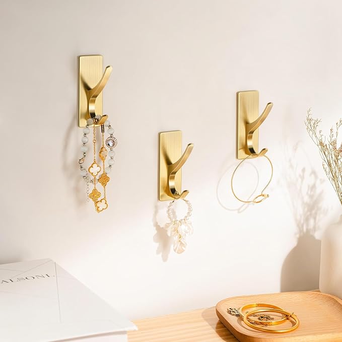 pickpiff Brushed Gold Self Adhesive Coat Hooks for Hanging: 13LB Extra Strong Stainless Wall Hook for Towel, Utensil, Backpack, Hat, Sturdy Metal Hanger for Bathroom, Kitchen, Door, 4-Pack