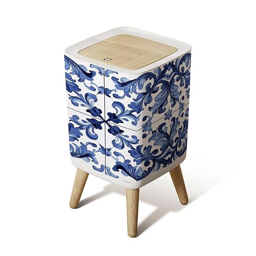 Small Trash Can with Lid Sicilian ceramic style tile featuring blue decorative flourishes Wastebasket with Press Cover Dog Proof Garbage Can Waste Bin for Kitchen Bathroom Nursery 2.6 Gallon