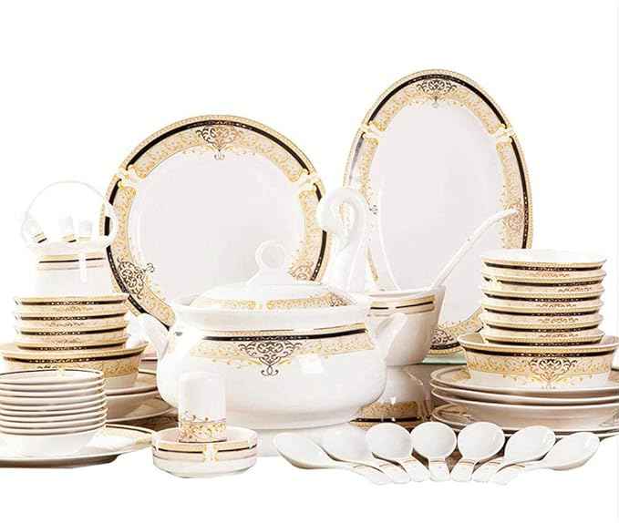 60 Piece Porcelain Dinnerware Set, Plate and Bowl Set, European-Style Elegant Tableware Set, Jingdezhen Bone China Dish Set, Service for 8-10