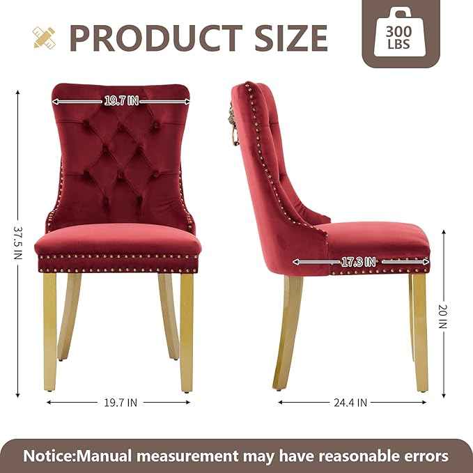 Velvet Dining Chairs Set of 6, Modern Tufted Dining Room Chair, Upholstered Dining Chairs with Lion Head Pulls Ring and Golden Solid Wood Legs, Luxury Kitchen Chairs for Dining Room, Burgundy