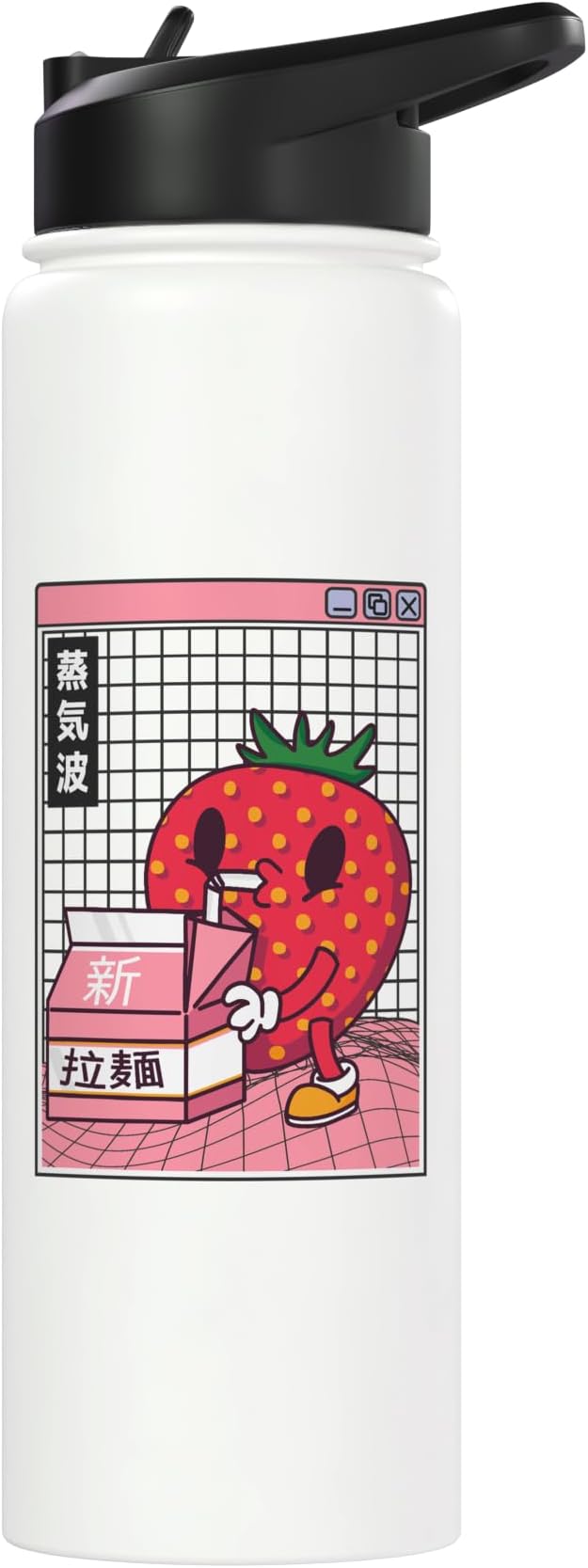Strawberry Milk Carton Kawaii Grid Vaporwave Aesthetic Anime Stainless Steel Insulated Water Bottle