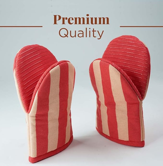 Folkulture Red Oven Mitts - Set of 2 (5.75"x9") | Cute Red Oven Mitts with Hanging Loop for Cooking Gifts, 100% Cotton, Silicone Heat Resistant Oven-Gloves for New Home Essentials