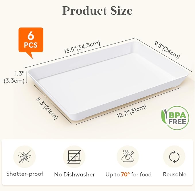 Lifewit Serving Tray for Party Supplies, Reusable Serving Platter for Catering, Snack, Fruit, Charcuterie, Appetizer, Plastic Food Trays, Hosting Essentials, BPA Free, White, 6 Pcs