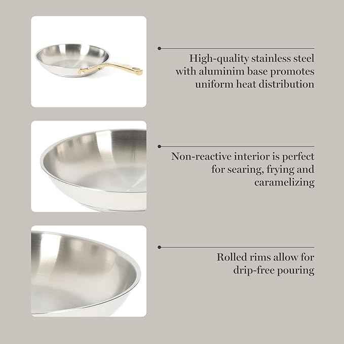 Martha Stewart Castelle 8-Inch Stainless Steel Frying Pan with Gold-Tone Handle – Tri-Ply Encapsulated Bottom, Oven Safe & Induction Safe Skillet for Searing and Sautéing
