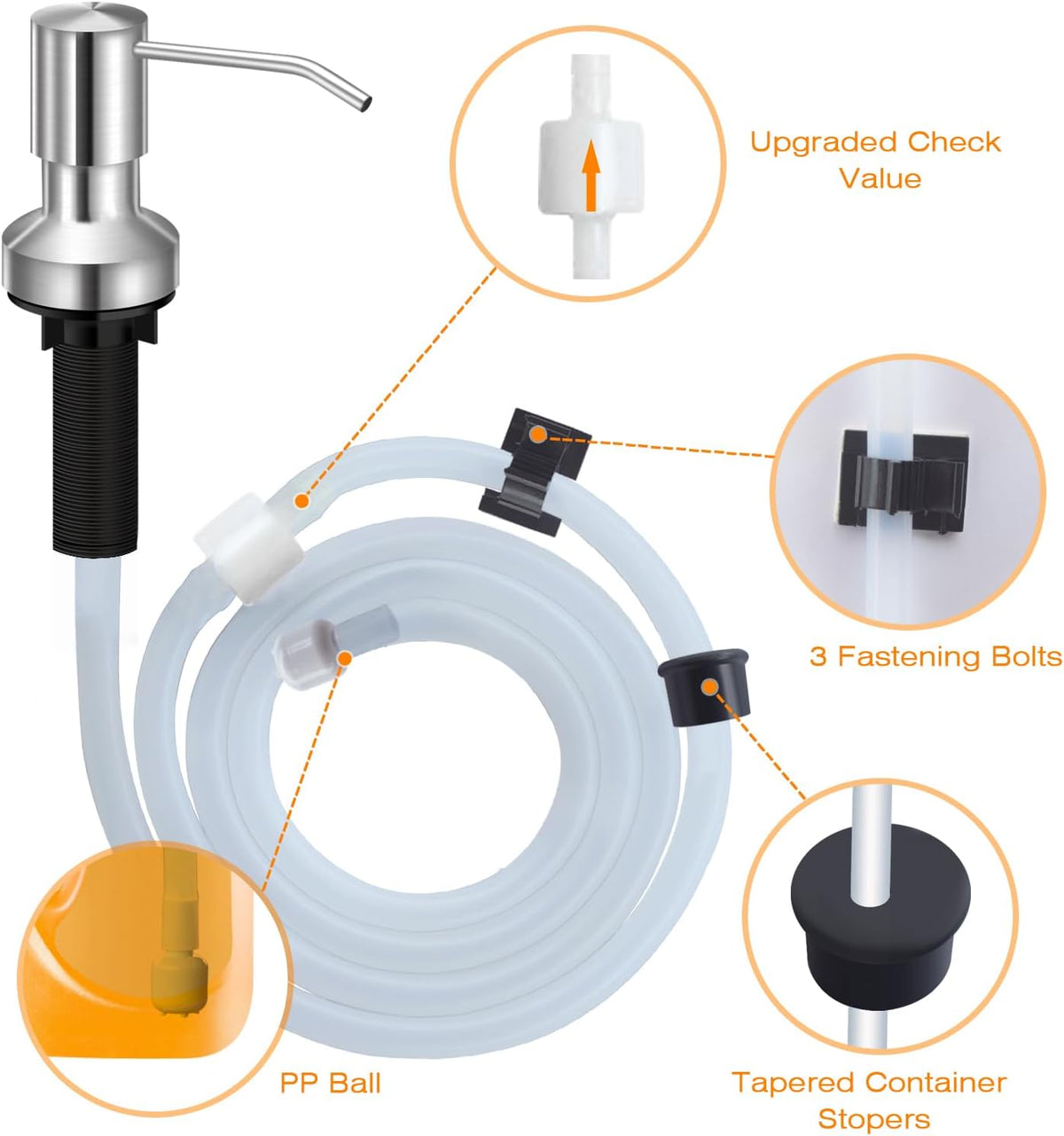 Sink Soap Dispenser for Kitchen Sink, Countertop Built in Sink Soap Dispenser with 47”Extension Tube kit, No Need to Fill The Little Bottle Again (Brushed Nickel)