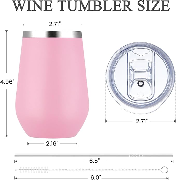 MEWAY 12oz Insulated Wine Tumbler with Press-In Lid, Double Wall Vacuum Stainless Steel Travel Tumbler with Straw,Travel Cup for Coffee and Drinks, Gift for Woman Under 10 dollars(Pink,1)