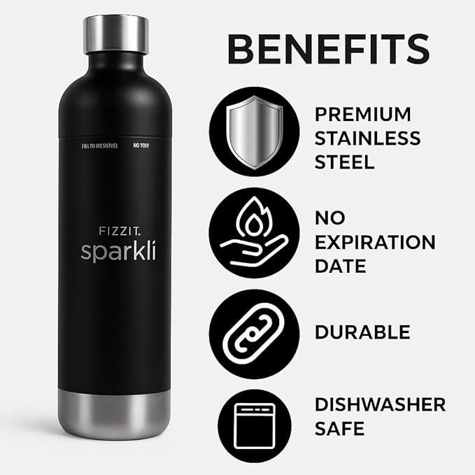 Stainless Steel Black Sparkling Water and Soda Maker Machine with 3 Black Stainless Steel 1L Re-Usable Bottle