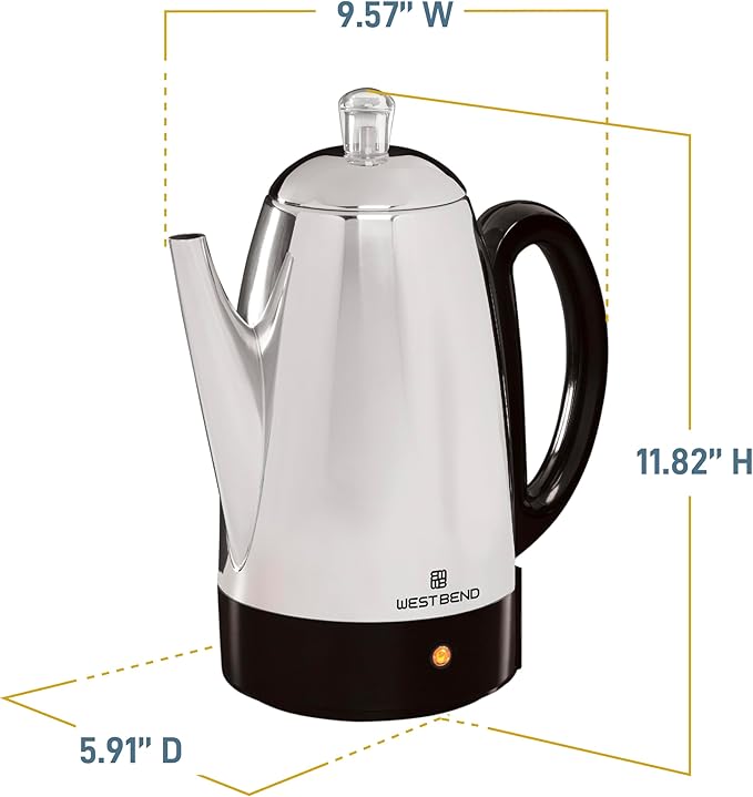 West Bend Electric Percolator Classic Style Coffee Maker with Heat Resistant Handle Base and Detachable Cord with Stainless Steel Stem and Basket, 12-Cup, Silver