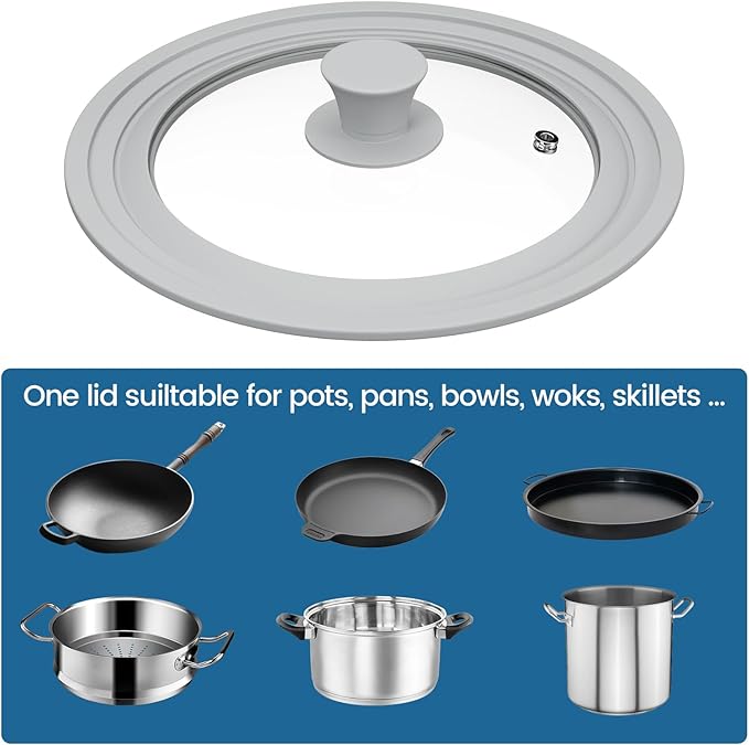 TOPULORS Universal Lid for Pots, Pans, and Skillets - Tempered Glass Lid with Silicone Rim Fits 8", 9", 9.5" Inner Diameter Cookware Frying Pan Cover Replacement Lid - Dishwasher Safe, Grey