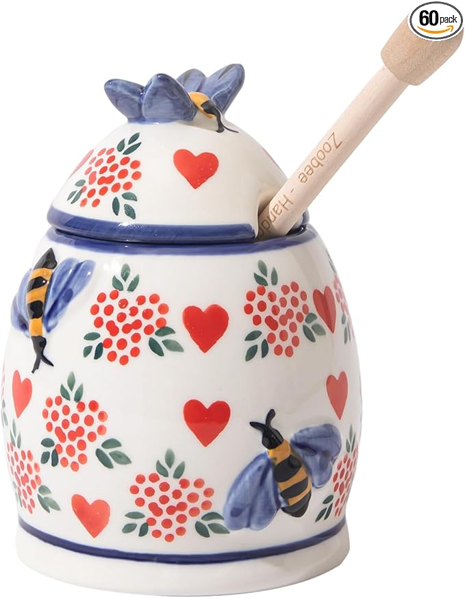ZOOBEE Ceramic Honey Pot with Dipper and Lid, 10oz Microwave-safe Honey Container, Lead-Free Honey Dispenser for Kitchen-Crazy Love