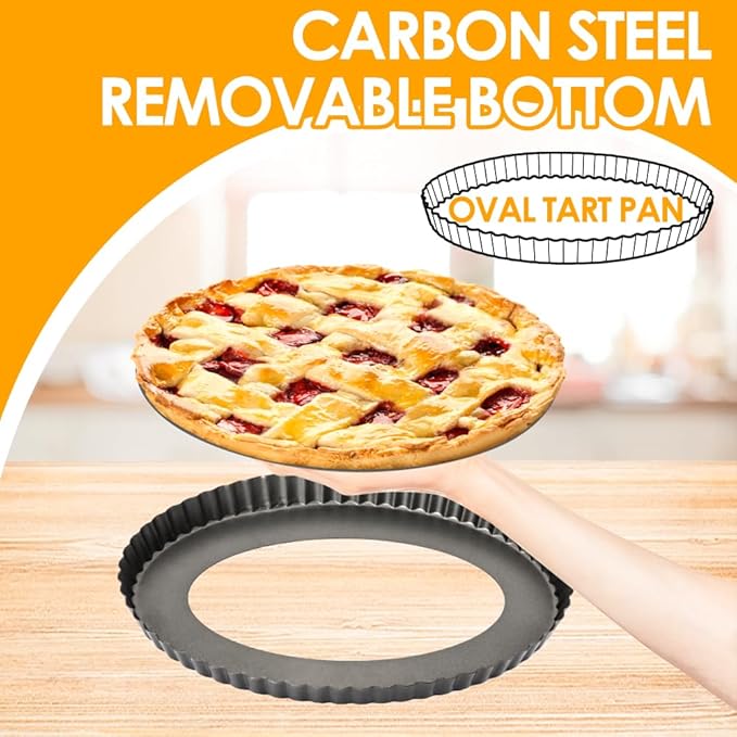 Tart Pan 10 Inch Oval Quiche Pan, Carbon Steel Pie Pans with Oil&Dish Brush Non-Stick Quiche Tart Pan with Removable Bottom for Tarts, Pies, Mousse Cakes and Desserts