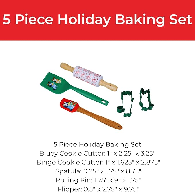 Handstand Kitchen Bluey Holiday Baking Set with Bluey and Bingo Cookie Cutters, Rolling Pin, Spatula and Flipper