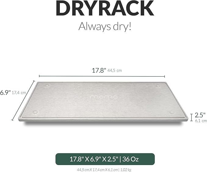Momo Lifestyle DryRack® Stone Tray 17.5″ × 6.85″ Graphite Gray — Elevated Diatomaceous-Earth Multi-Use Drying & Pet-Feeding Platform, No Rust, No Mold, Kitchen Counter & Pet Area