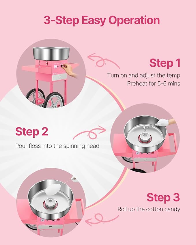 VEVOR Electric Cotton Candy Machine with Cart, 1000W Commercial Candy Floss Maker with 20.5 in Stainless Steel Bowl, Sugar Scoop, and Drawer, Easy to Use, for Home, Kids Birthday, Family Party, Pink