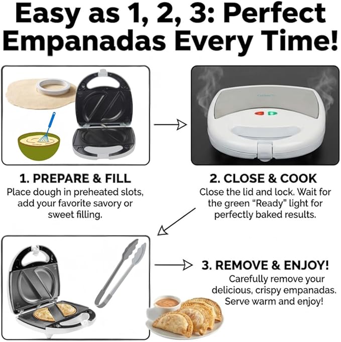 Electric Empanada Maker Machine w Dough Cutter & Nonstick Plates- Easier than Press & Molds- Homemade Latin Turnovers, Hand Pies, Dumplings, Stuffed Pastries w BONUS Churro Plates, Make Dessert & Apps