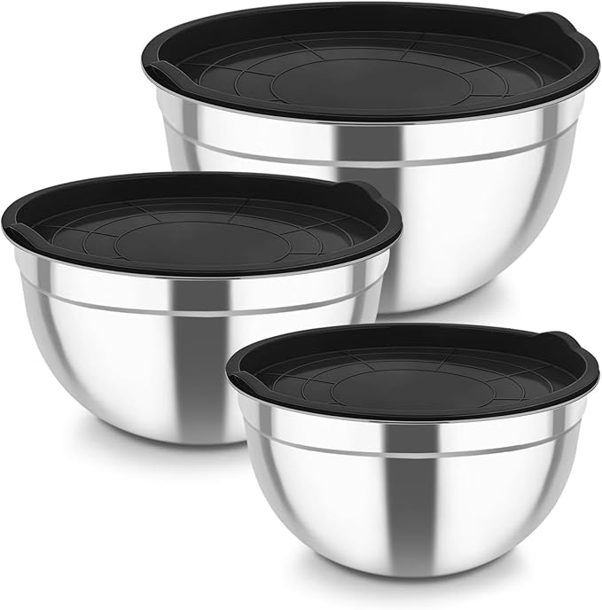 TeamFar Mixing Bowls, Stainless Steel Nesting Salad Bowls with Airtight Lids Set, For Serving/Mixing/Storing, Healthy & Long-lasting, Dishwasher Safe & Easy Clean, 4.6/3 / 1.5 QT, Black