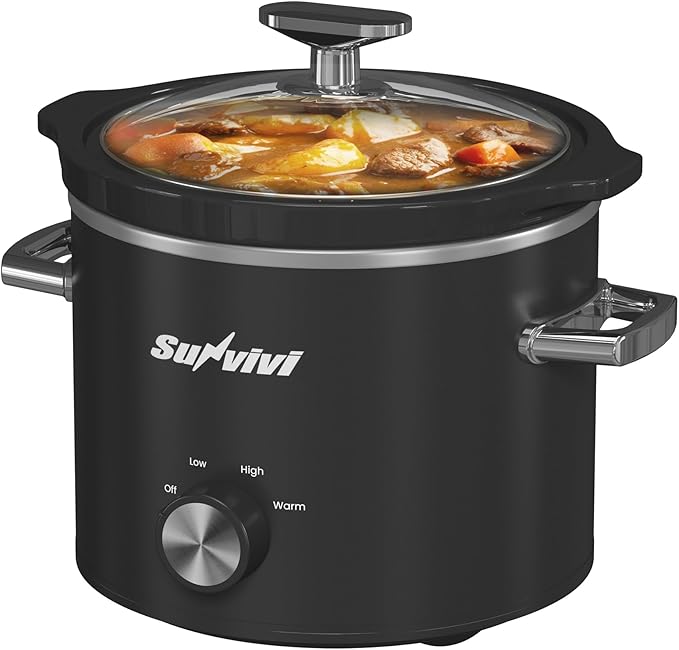 SUNVIVIPRO Small Slow Cooker with Removable Ceramic Pot, Food Warmer with 3 Heating Settings & Dishwasher Safe Glass Lid, Black