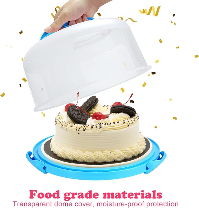 Cake Carrier with Lid and Handle, Fit 10’’ Cake Stand with Lid, Cake Transport Storage Container, Cake Containers Cover Stand with Lids, 3 Secure Side Closures (Blue)