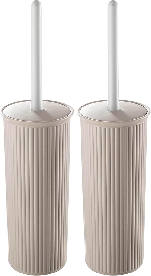 Superio Ribbed Collection - Decorative Plastic Toilet Bowl Brush and Holder Set, Taupe (2 Pack) Cleaner Scrubber for Bathroom