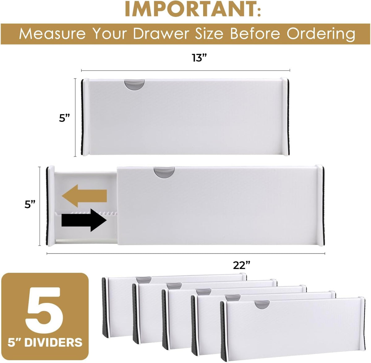 RAPTUROUS Adjustable Deep Drawer Divider – 5" Tall, Expandable 13-22", 5-Pack, Non-Slip Drawer Dividers for Clothes, Dresser, Kitchen & Office Organization (White)