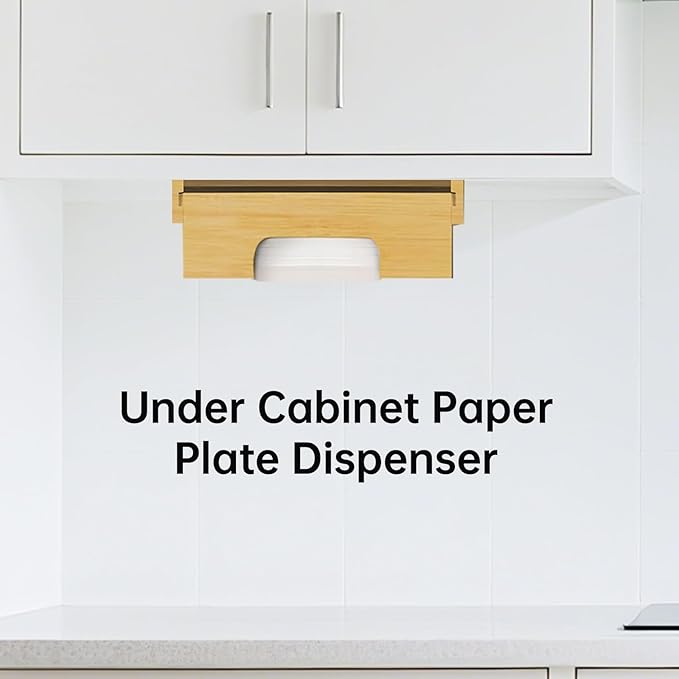 Bamboo Paper Plate Dispenser 9 inch - Wooden Paper Plate Dispenser Under Cabinet, Kitchen Countertop Vertical Plate Holder Organizer