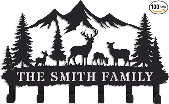 Personalized Forest Deer Coat Rack Wall Hanging Key Holder with Name, Metal Key Holder Wall Mount for Kitchen Hallway Doorway Home Decor Gift